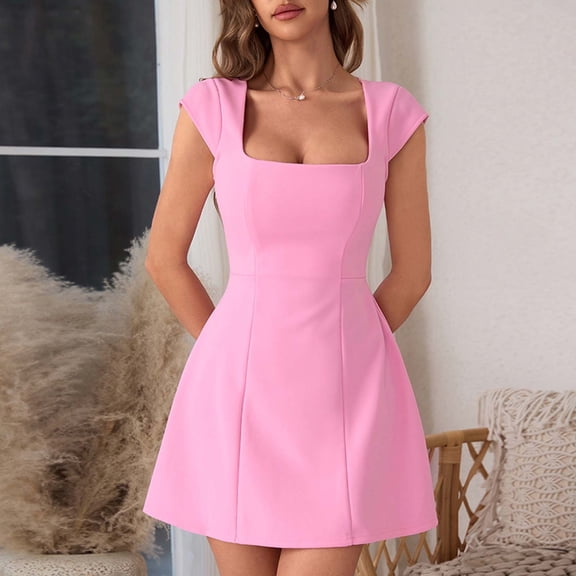 Women's Square Neck Cap Sleeve Fully Lined Mini Dress Zipper A Line Party Club Dresses, Mother of The Bride Dresses, Formal Wedding Guest Dress(Pink,XS)