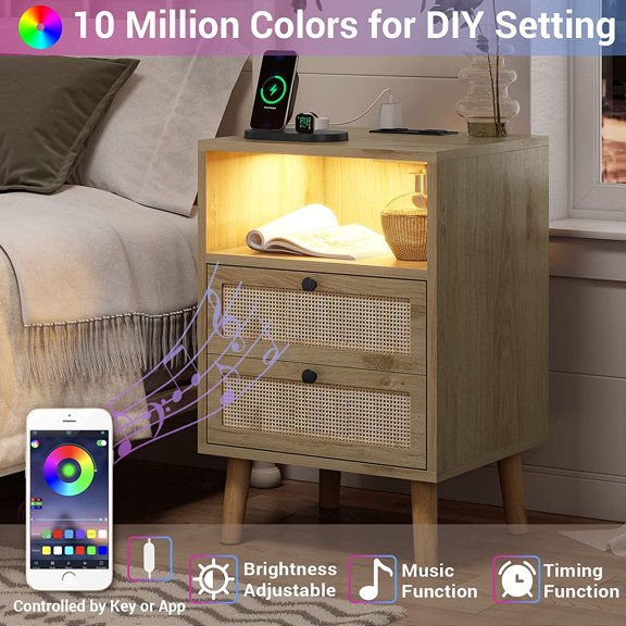 Afuhokles Rattan Nightstand with Charging Station, USB Ports, LED Night Stand for Bedroom, Bedside Table with 2 Hand Made Rattan Decorated Drawers, Natural