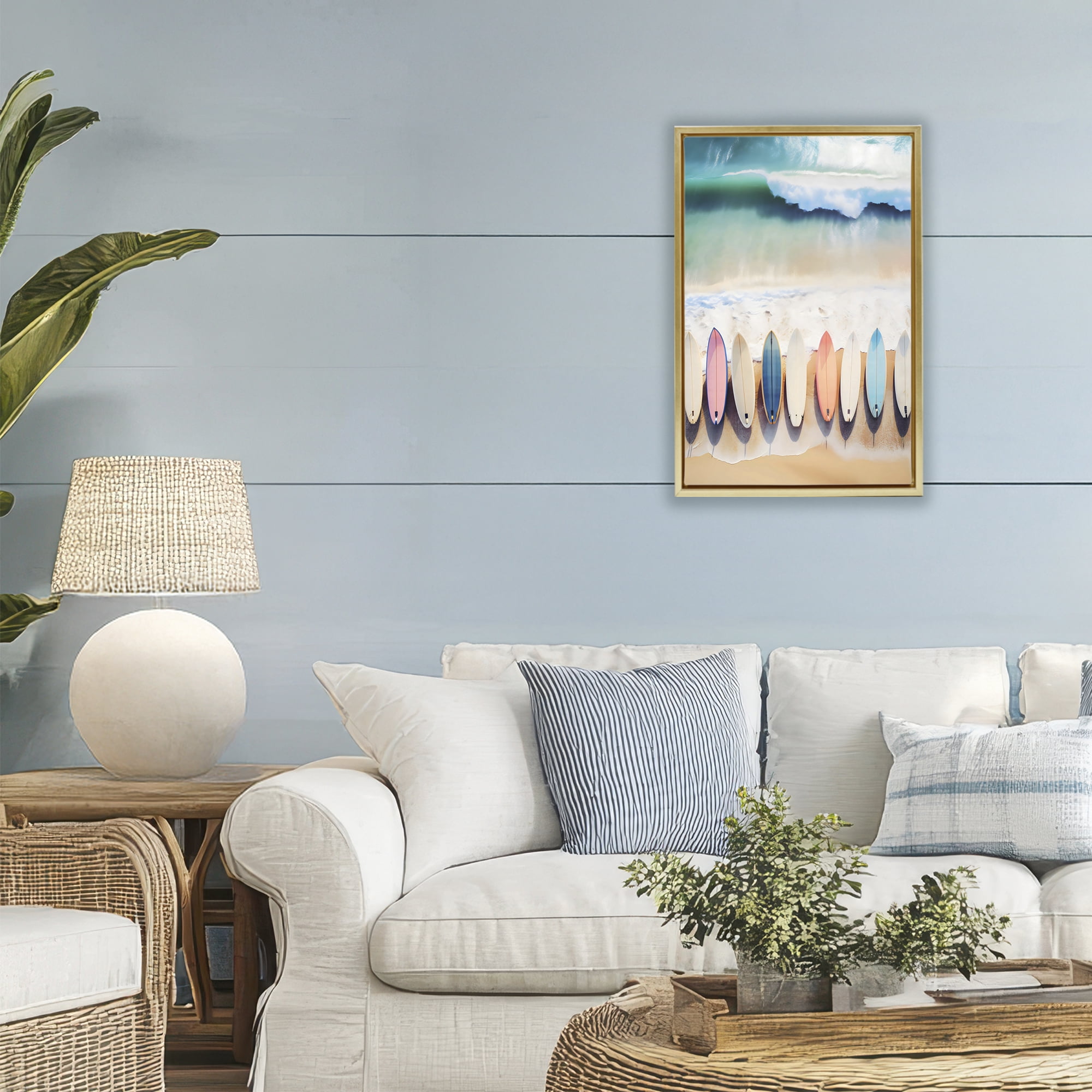 Stupell Industries Aerial View Surfboards Shoreline Gold Framed Floater Canvas Wall Art, design by Creative Studio
