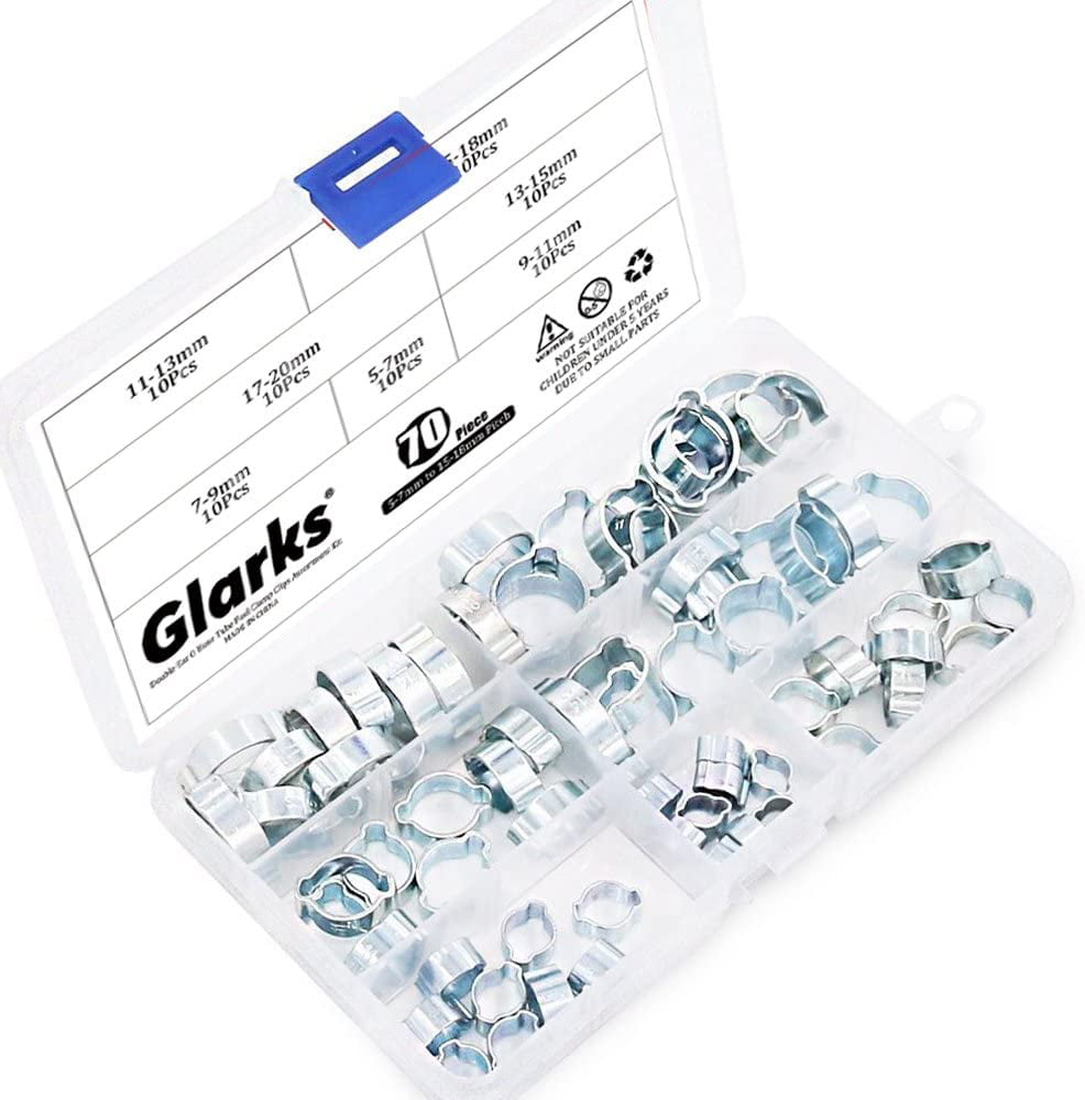 Glarks 70Pcs Zinc Plated Double Ear Hose Fuel Clamp with Standard Jaw Pincers Kit