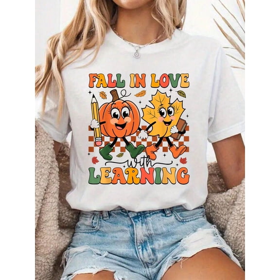 100% Cotton Fall In Love With Learning Thanksgiving Teacher Student T-Shirt