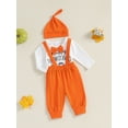 thumbnail image 2 of Suealasg Baby Boys Girls Thanksgiving Clothes Long Sleeve Pumpkin Letter Print Romper Suspender Pants Hat Sets 3 6 12 18 Months Infant 3Pcs Thanksgiving Holiday Outfits, 2 of 7