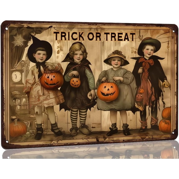 Vintage Trick or Treat Metal Tin Sign Halloween Welcome Wall Art Decor With Pre-Drilled Hole 8x12 Inch for Home Farmhouse Office Coffee Shop