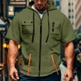 thumbnail image 2 of Men's Casual Short-sleeved Sweatshirt with Multiple Pockets and Zipper - Loose Breathable Solid-color Jacket for Athletic Use, Casual Outings, and Gift Ideas,Army Green,L, 2 of 5