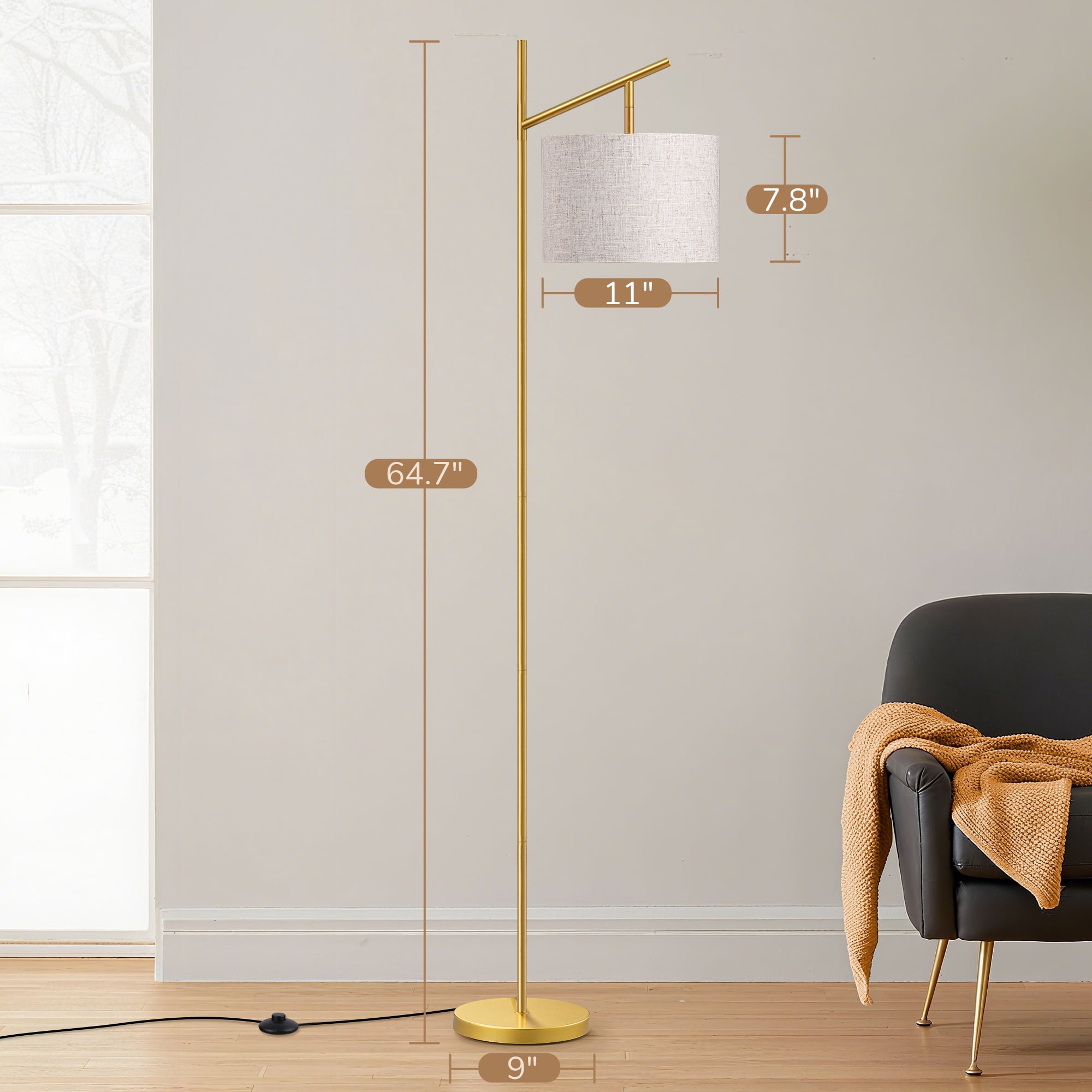 EDISHINE 64.7in Floor Lamps for Living Room, Metal Standing Lamp with Foot Switch for Bedroom, Office, Decor, Lighting, Golden