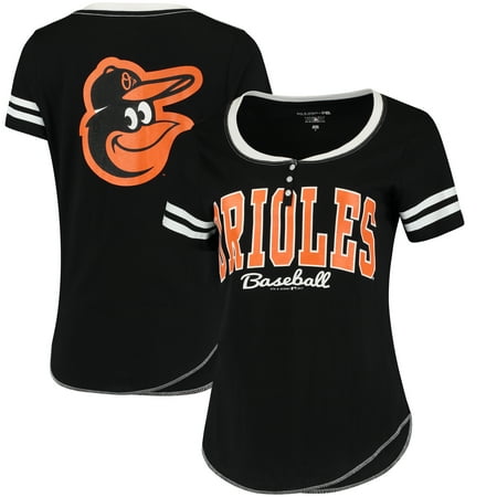 Baltimore Orioles Lithograph - Baltimore Orioles 5th & Ocean by New Era Women's Slub Henley T-Shirt - Black/White