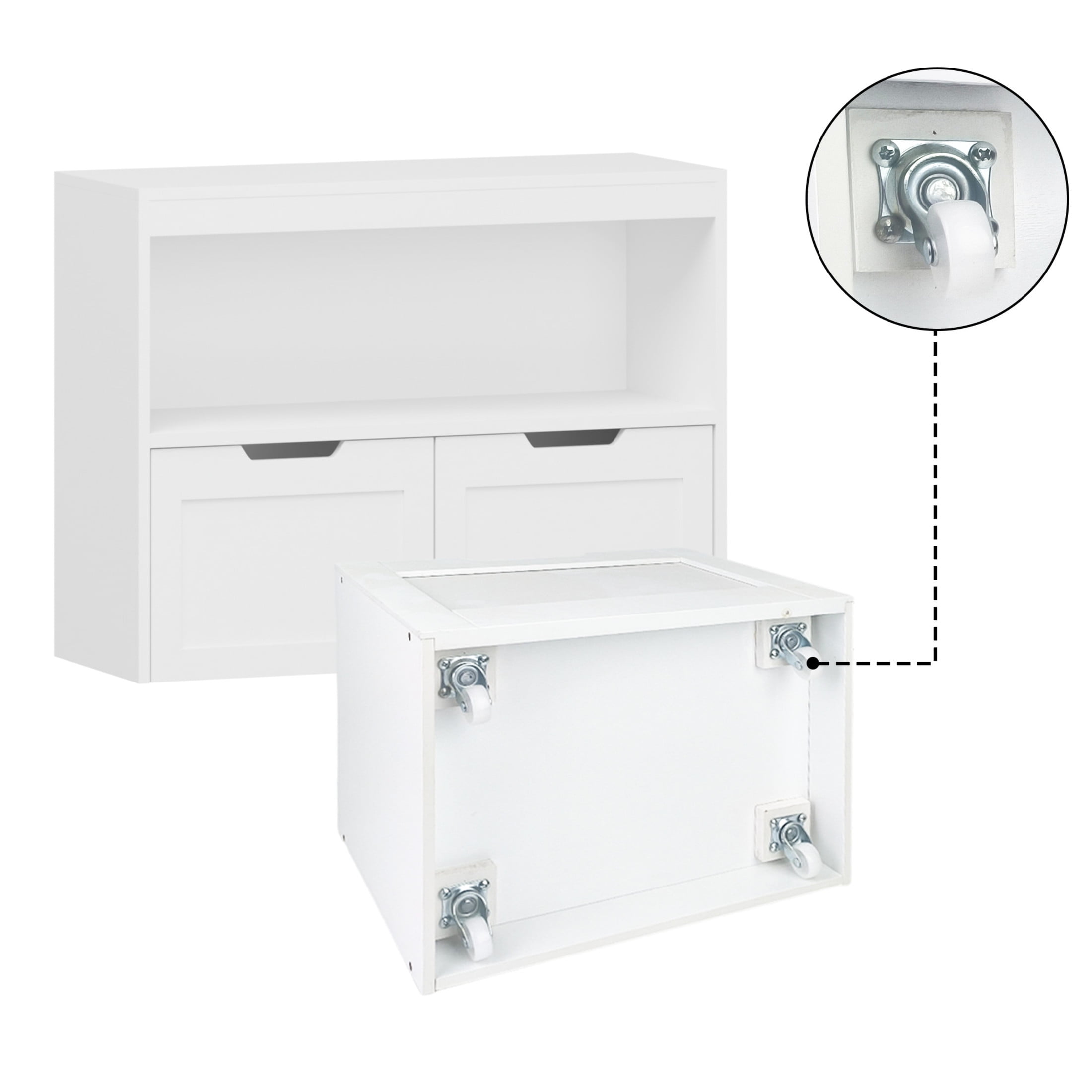 Noble House 31.5" Kids Book Organizer and Toy Storage Cabinet, 2 Drawer Rolling Toy Chest with Open Shelves, White