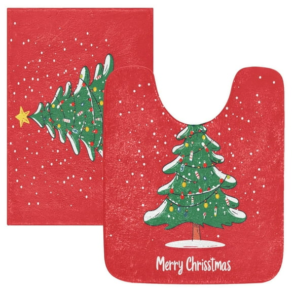 2 Piece Soft Bathroom Rug Set Green Christmas Tree Bath Mat and U-Shaped Toilet Contour Rug (16"x24" 20"x24")