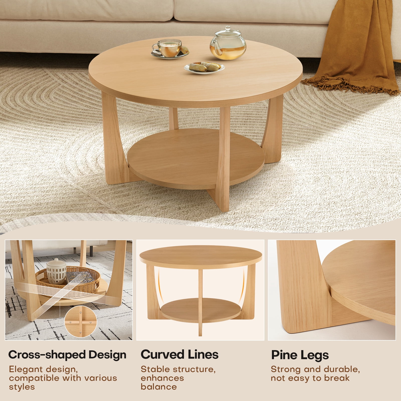 Foreate 31.5" Round Coffee Table with Solid Wood Pine Legs, 2-Tier Retro Round Coffee Table with Storage Shelf, Small Modern Wood Circle Center Table for Living Room, Natural