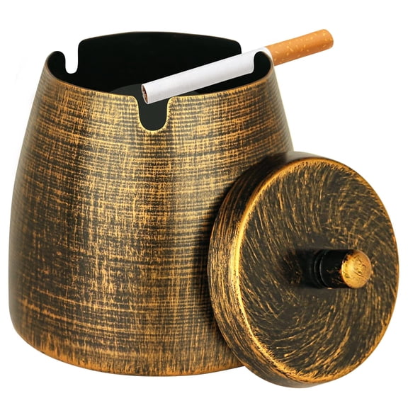 Small Retro Odorless Ashtray with Lid for Cigarettes Outdoor Rainproof,Metal Decorative Ashtray for Patio Outside Home Indoors Table Decor,Copper