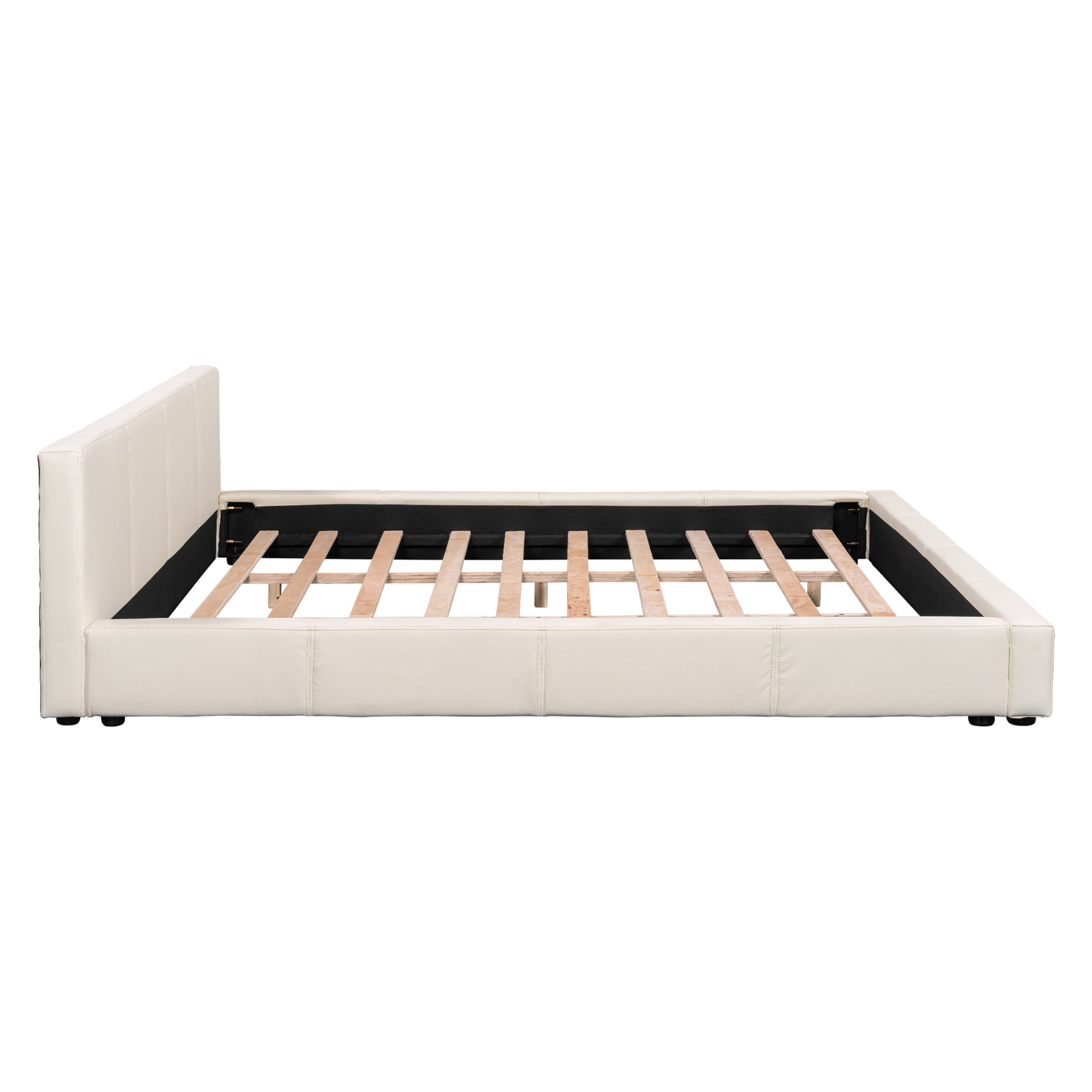 Christopher Knight Home 88" Queen Size Platform Bed Frame, Modern Faux Leather Upholstery, Beige