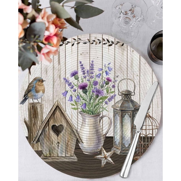 15 Inch Round Placemats Set of 4, Vintage Flowers Non Slip Heat Insulation PP Table Mats, Wooden Birds Retro Art Farmhouse Washable Place Mats for Kitchen Dining Party Table Decor
