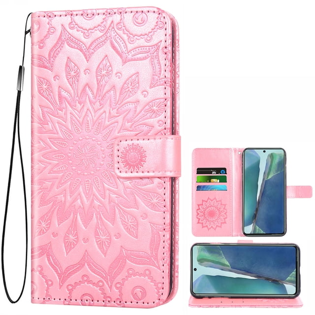 Galaxy Note 20 Case, Genuine Leather Note 20 Wallet Flip Cover Case with Credit Card Slots, Magnetic Closure, Stand, Shock Absorbing Case Compatible with Note 20 - Rose Gold