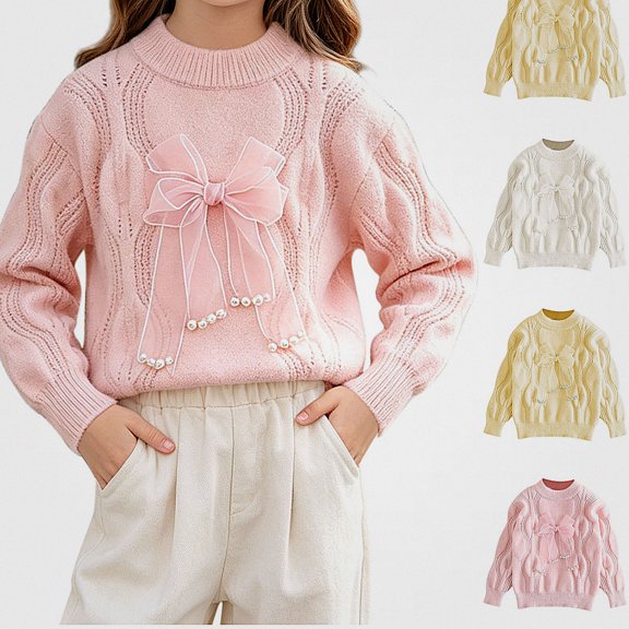 Afuyipoi Girls Cable Knit Turtleneck Sweater with Pearl Trim Bow Top for Kids Size 4-12Y Spring Fall Sweet Style Pink Size 5T