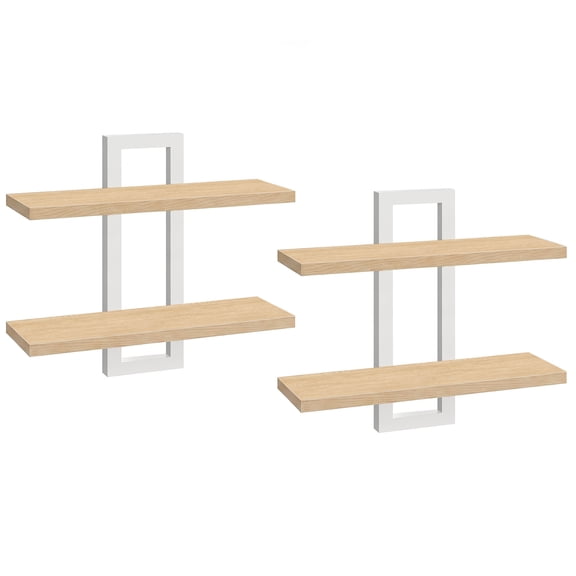 HOOBRO Set of 2 15-Inch 2-Tier Floating Wall Shelves, Natural and White