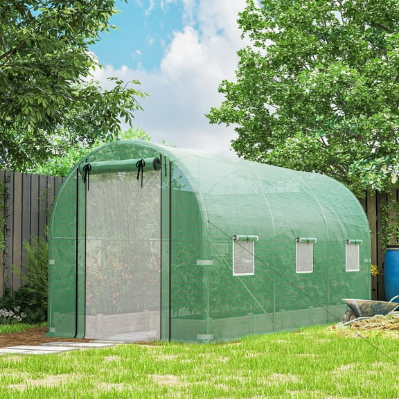 Outsunny 14.6'x6.5'x6.6' Hoop House Greenhouse with 2 Support Rods, Zippered Roll-up Mesh Door, Walk-in Tunnel Greenhouse with PE Cover, Green
