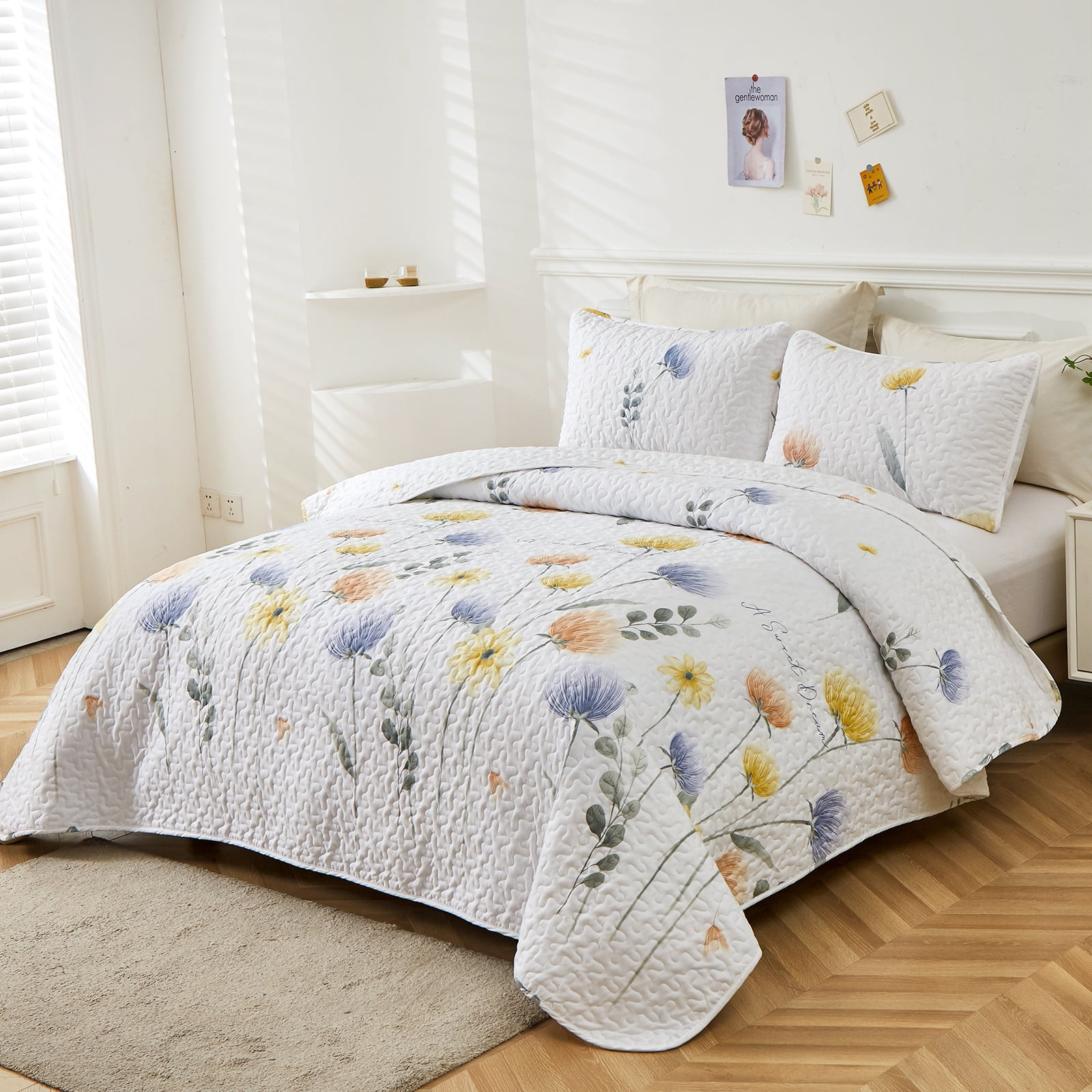 3 Pcs Blue Floral Quilt Set King Size, Bedspread Set Lightweight Coverlet for All Seasons(90"x104")