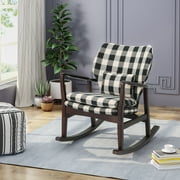 Noble House Ryker Mid Century Modern Upholstered Rocking Chair, Black Checkerboard, Dark Espresso