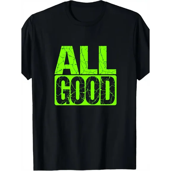 Men's All Good Neon Green & Black Graphic T-Shirt - 180gsm Heavyweight Cotton Crew Neck Short Sleeve, Slim Fit Casual Tee with Neon Green Distressed ALL GOOD Print for Casual