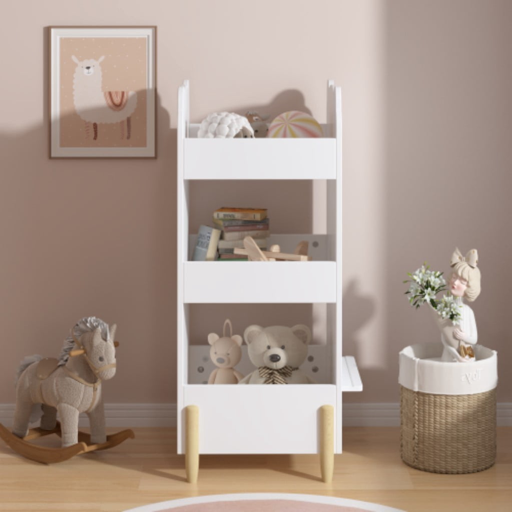 Kids Bookshelf with Chalkboard Side, Bear-Shaped Wooden Bookcase with 3-Tier Open Storage, Drawing Board & Toy Organizer for Toddler Bedroom, White