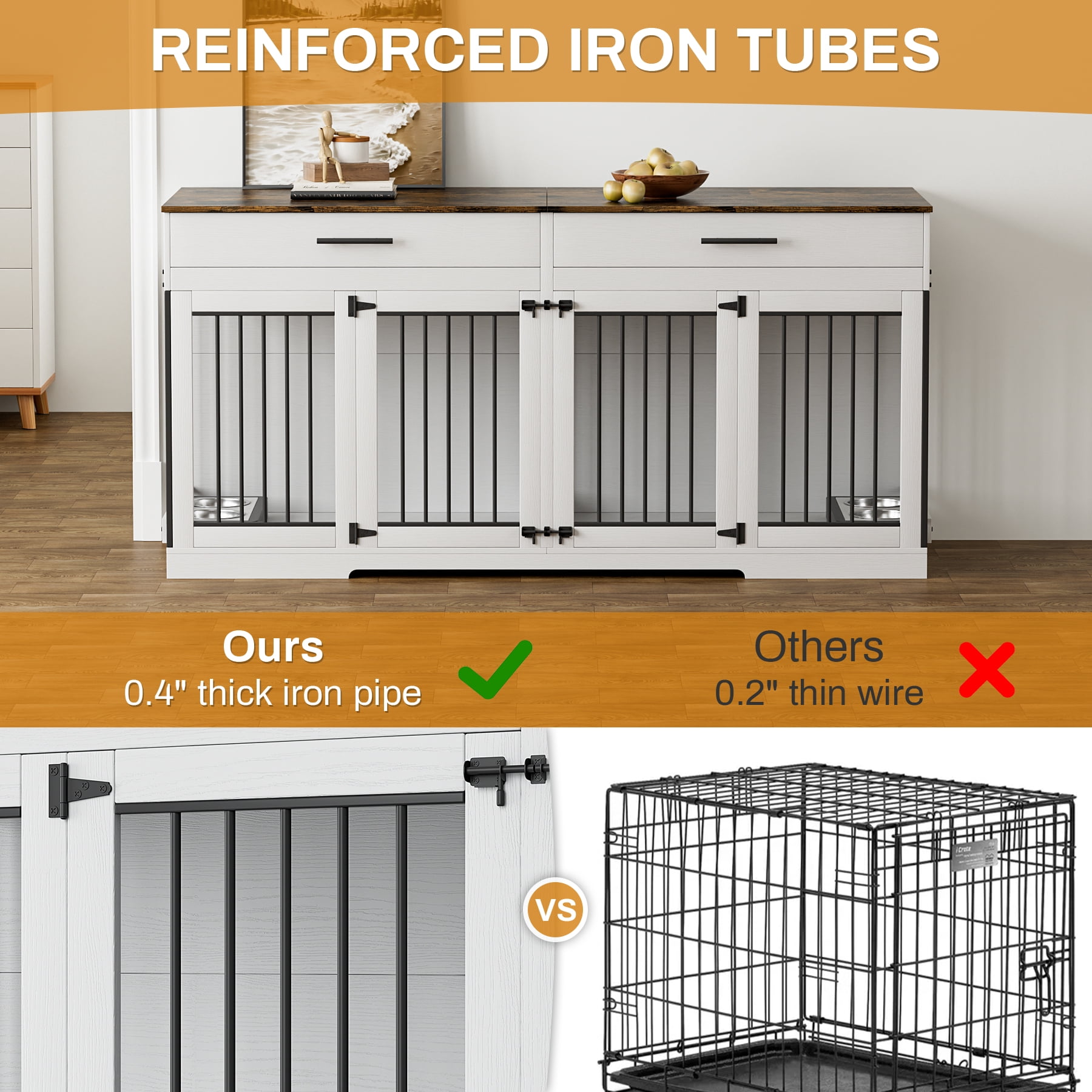 WIILAYOK 72.05" Dog Crate Furniture, Wooden Dog Kennel with 2 Drawers and 4 Dog Bowls, Heavy Duty Indoor Furniture Style Dog Cage House