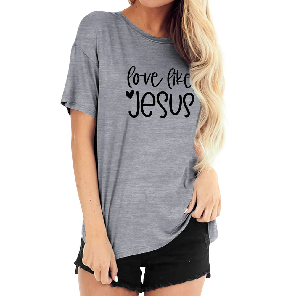 TWZH - TWZH Women's Love Like Jesus Letter T-Shirt Graphic Print Short ...