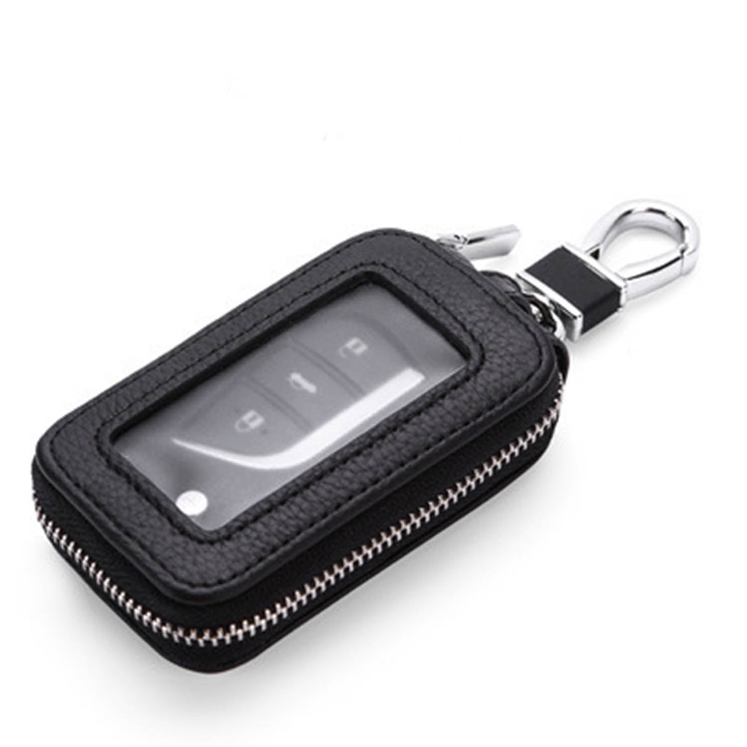QINGTECH Car Key Fob Case Genuine Leather Car Key fob Holder,Metal Hook and Keyring Zipper Bag Car Key Cover with Key Chain 