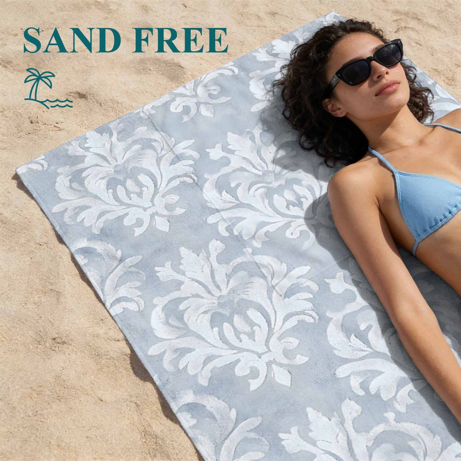 Beach Towel Backpack, Haze Blue Boho 2 in 1 Soft Absorbent Beach Blanket Travel Towels for Pool Swim Gym Picnic, Neutral Middle Century Turkish Pattern Portable Drawstring Bag Large 31.5x63 Inch