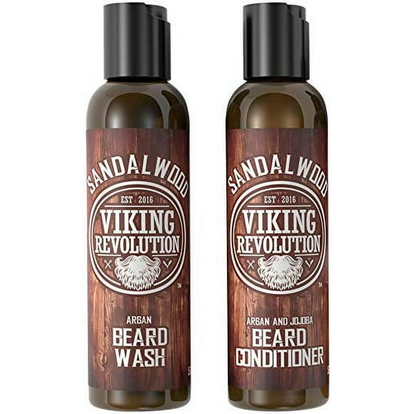 Beard Wash & Beard Conditioner Set w/Argan & Jojoba Oils - Softens & Strengthens - Natural Sandalwood Scent - Beard Shampoo w/Beard Oil (5oz)