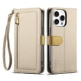 thumbnail image 2 of ESEBLE Leather For iPhone 16 Pro Case With 3-Card Holder Zipper Bills Slot, Makeup Mirror，Soft PU Leather Detachable Lanyard Shoulder Strap And Wristlet Wallet Case,Khaki,For iPhone 16 Pro, 2 of 9