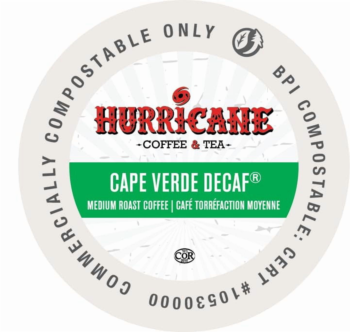 Hurricane Cape Verde Decaf Medium Roast Coffee, Compostable Single Serve Coffee Pods Compatible with Keurig K-Cup Brewers, 20 Count per Box, 4 Boxes