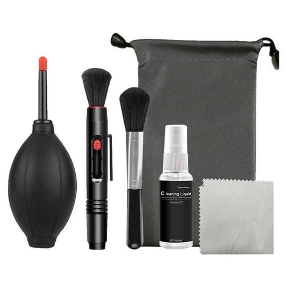 Professional 6-in-1 DSLR Camera Cleaning Kit with Air Blower, Lens Pen, Brush, Cleaning Agent, Cloth for Digital Cameras, Sensors, Lenses - Compact Portable Black Case