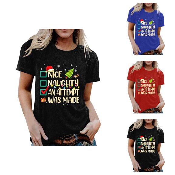 Nice Naughty An Attempt Was Made Shirt for Women Short Sleeve Crewneck Funny Christmas T Shirts Holiday Party Tops