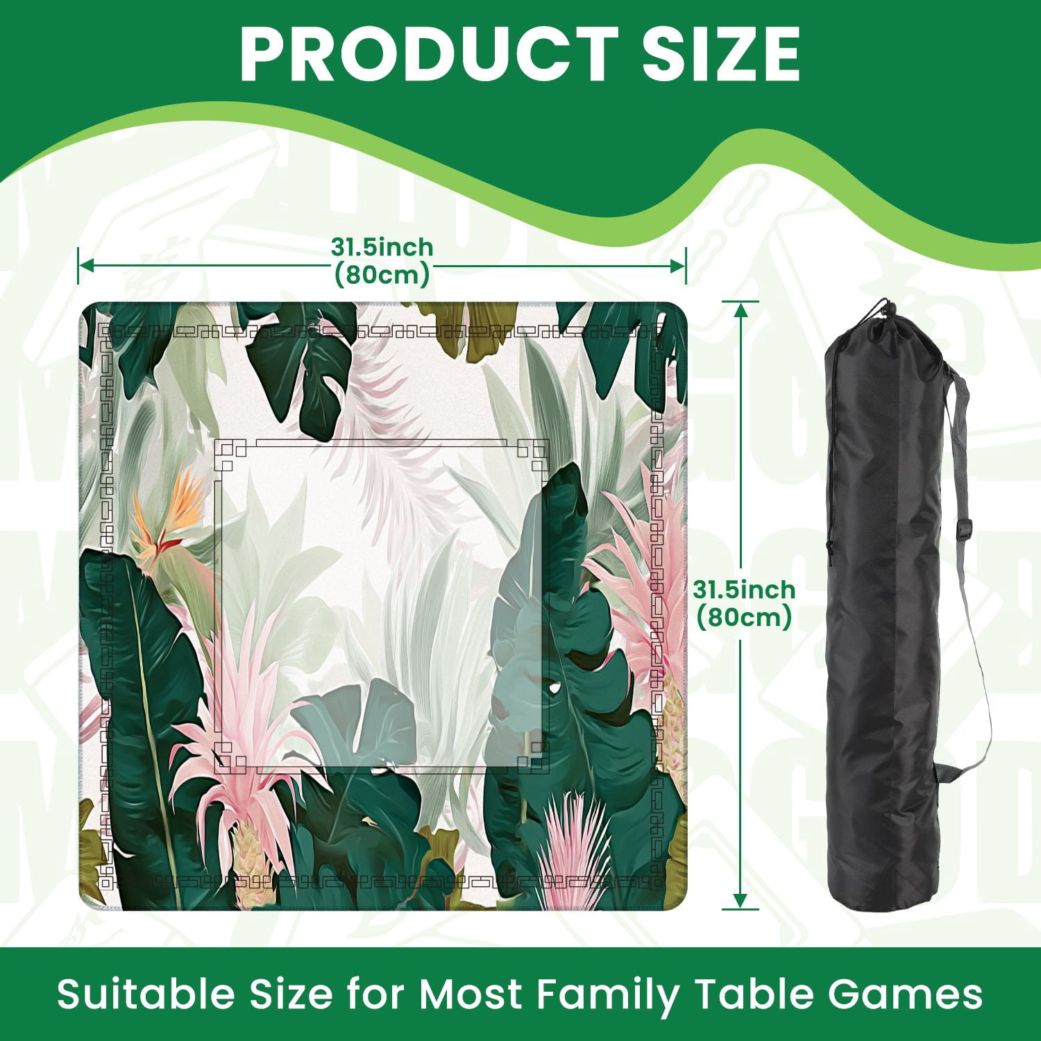 Mahjong Mat 31.5" x 31.5" Floral seamless green banana leaves pink Bromeliaceae plant Non-Slip Noise Reduction American Mahjong Tiles Table Cover for Dominoes Poker Card Board Games Gift