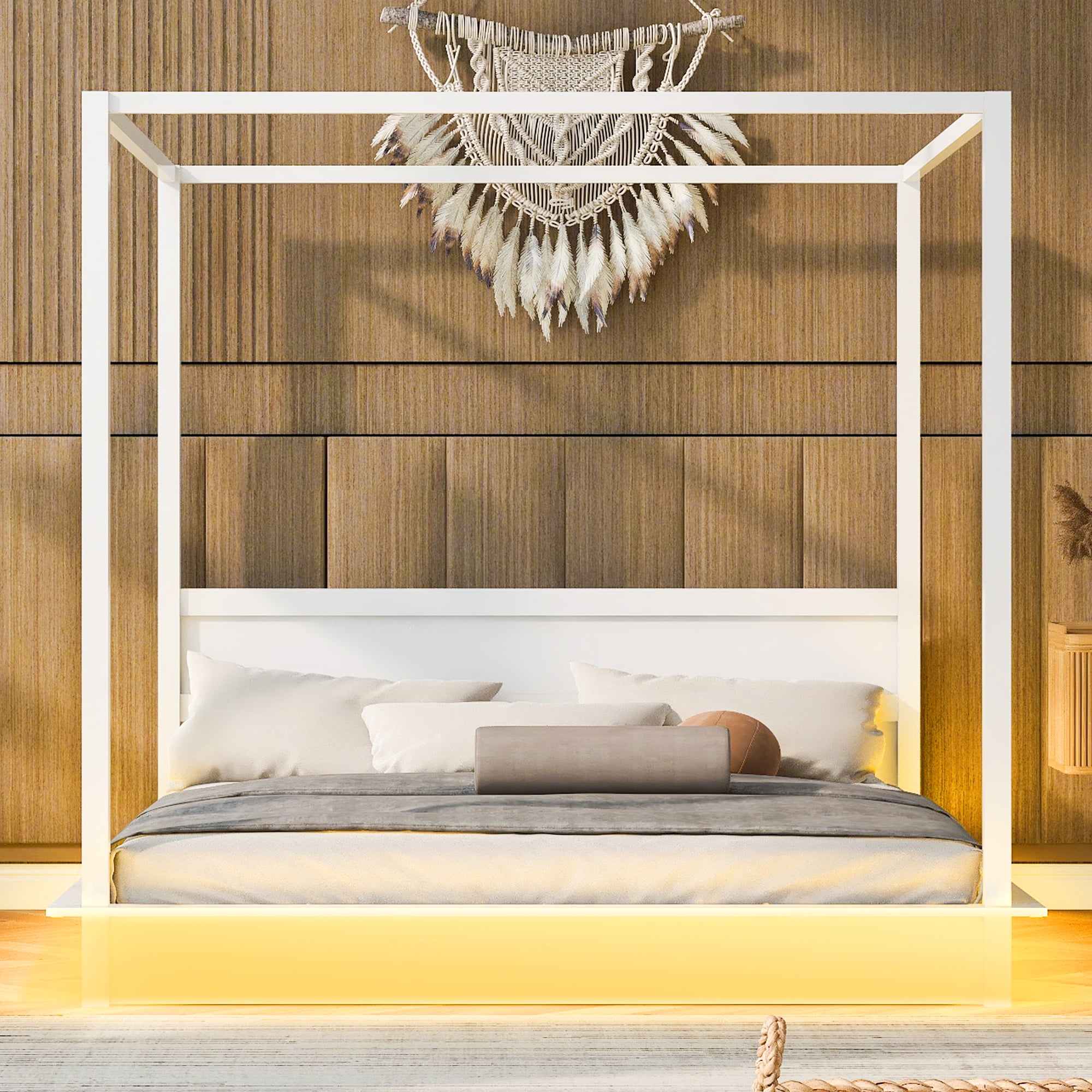 Mintazer King Size LED Canopy Bed with Wood Headboard, Platform Four Poster Bed Frame Easy Assembly, No Box Spring Needed, White
