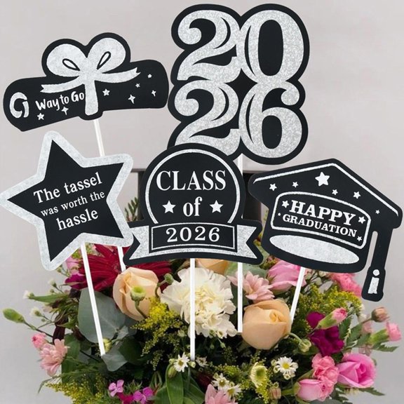 Party Decorations, Graduation Party Decorations 2026, Graduation Table Decorations 2026, Floral Graduation Decorations 2026, 5-Piece Black and Silver Glitter Vase Topper Set