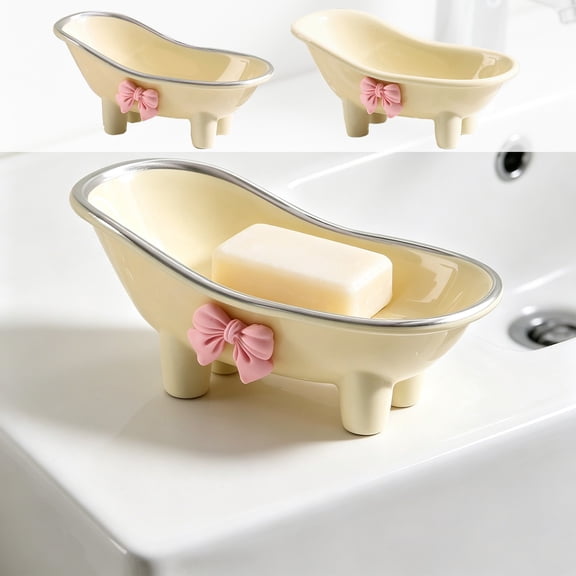 Soap Tray with Lid - Bathtub Shaped Plastic Bar Soap Box for Bathroom Sink, Decorative Soap Dish with Bow, Cute Trinket organizer for Sponges Jewelry, Yellow, Ccwuwei