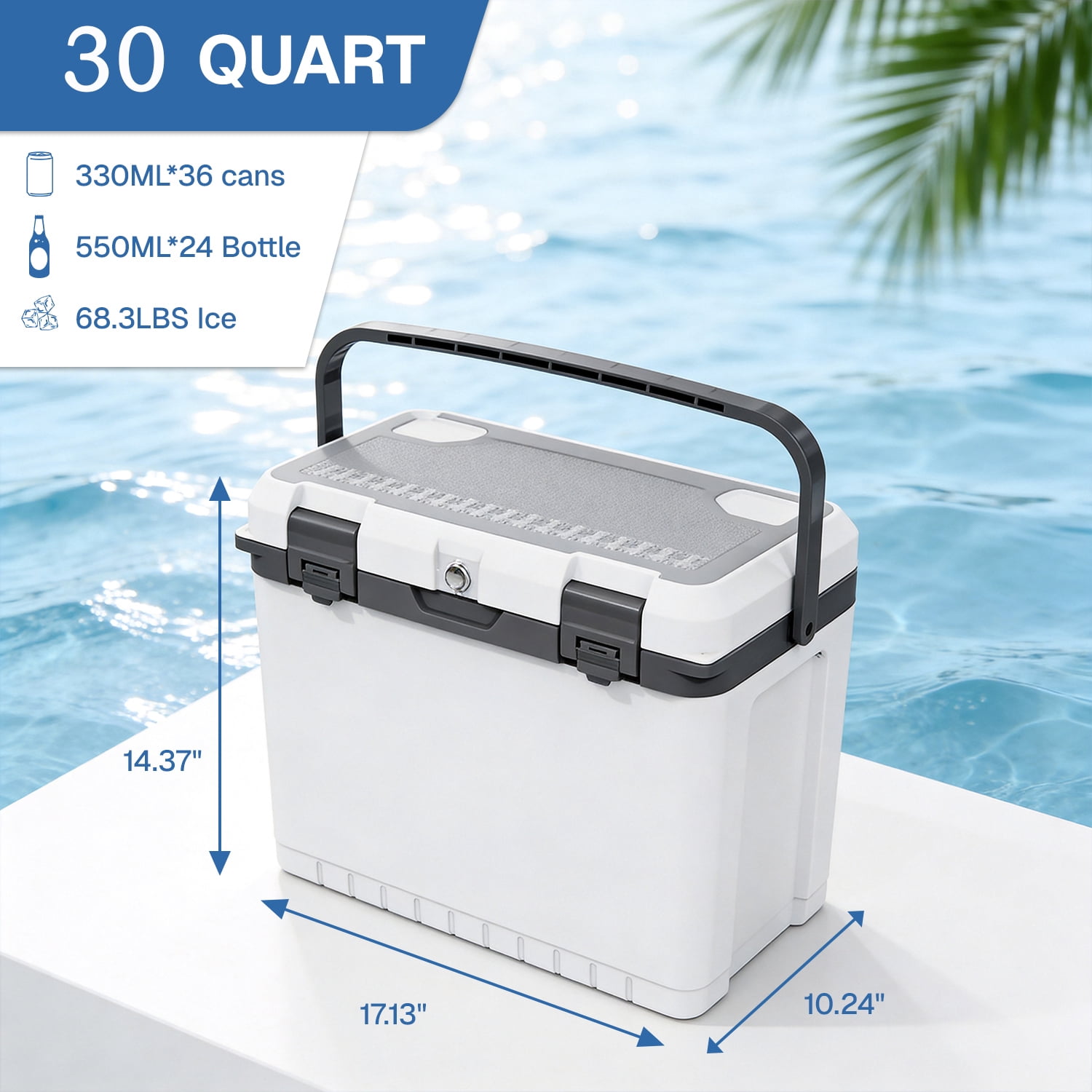 BN-LINK 30 Quart Cooler, Insulated Hard Ice Chest with Handle, Portable Hard Cooler for Camping,Travel,Picnic, Family Gatherings,White