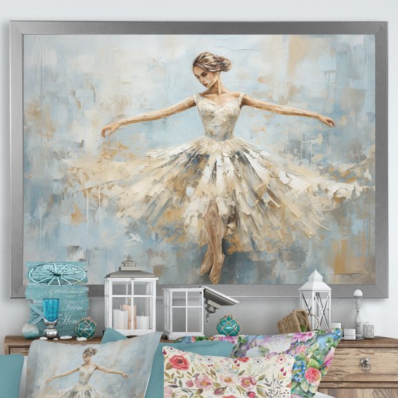 Designart "Minimalism Ballerina In Beige And Gold" Ballet Picture Framed Canvas Wall Art