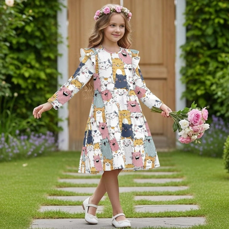 Fkelyi Girl Long Sleeve Dress Ruffle Sleeve Crew Neck Trim Dress for Birthday Party A Line Tiered Swing Funny Cartoon Cat Print Pactchwork Dresses, 7-