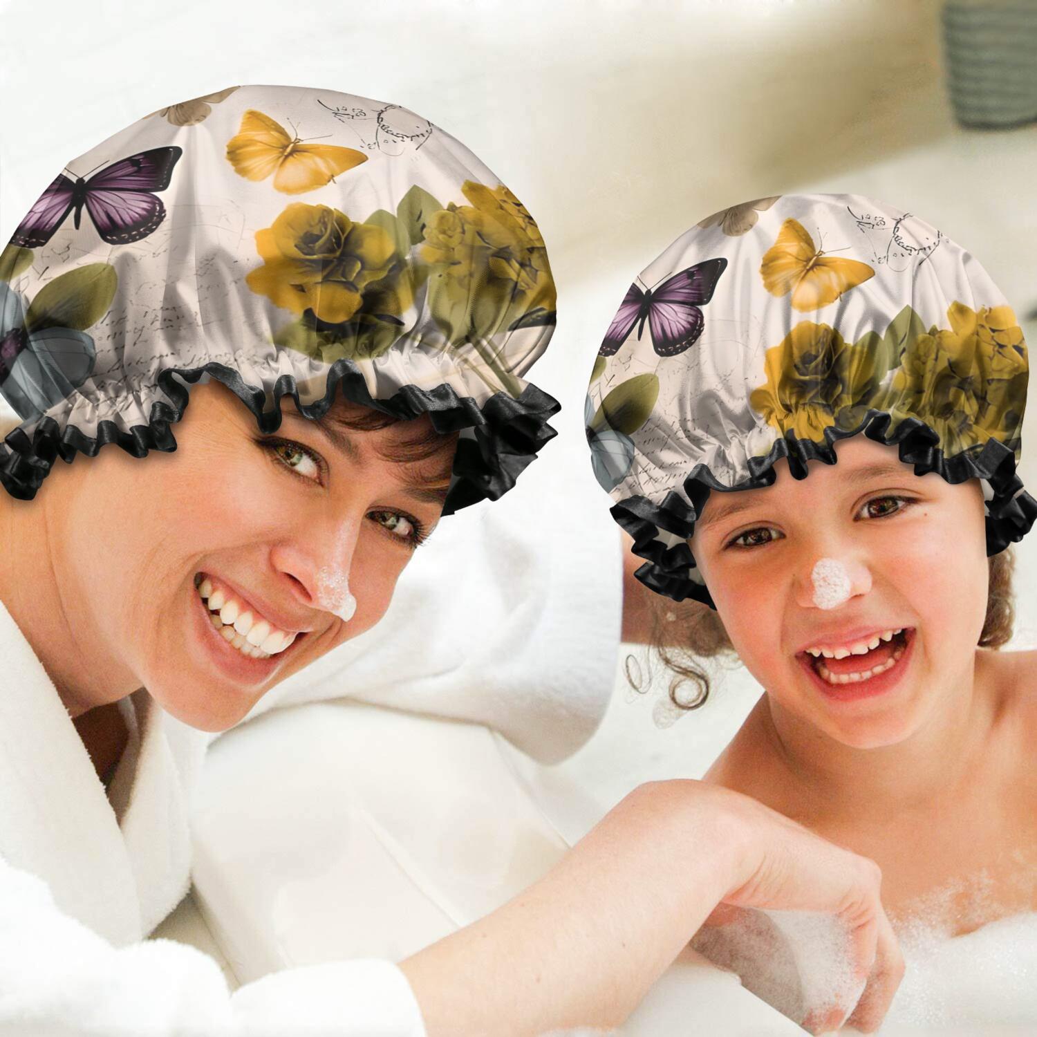 Shower Caps,Vintage Butterfly Flower Pattern Waterproof Shower Cap for Women 4 Pieces,Double Reusable Hair Cover for Shower PEVA Elastic Stretch Hem