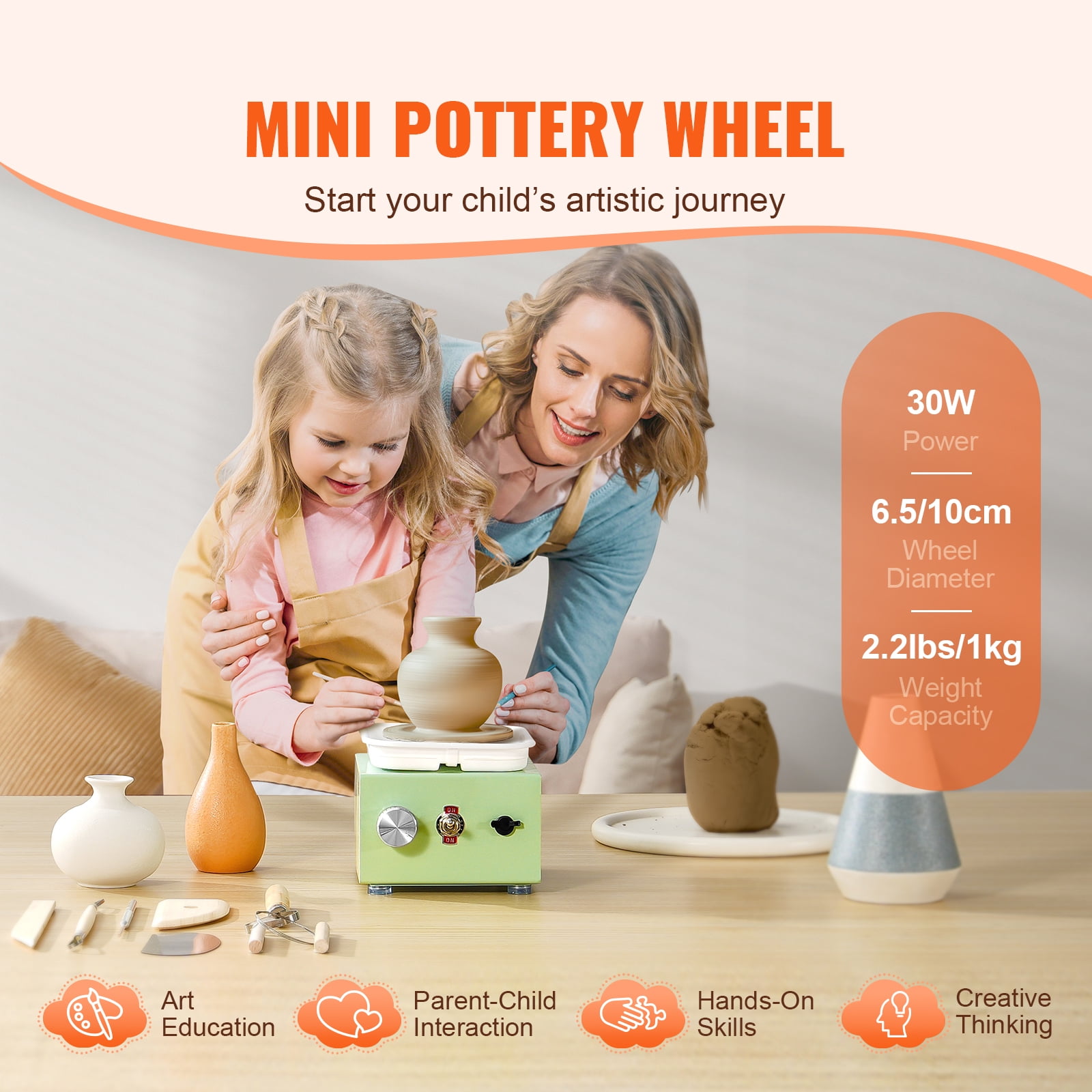 KFFKFF Compact Clay Wheel, Speed Range 0-320RPM with Removable Tray, 2.56in/3.94in Dual Electric Ceramic Disc Machine, 18-piece Tool Set, Ideal for Artistic Creations and Home Projects, Green