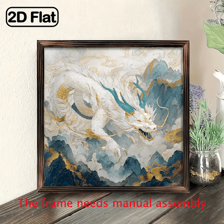 2D Flat, Anime-Style White Dragon Surrounded by Clouds wooden board painting ,Japanese-Inspired Blue Golden Accent Wall Decor for Living Room, Bedroom, Bathroom.