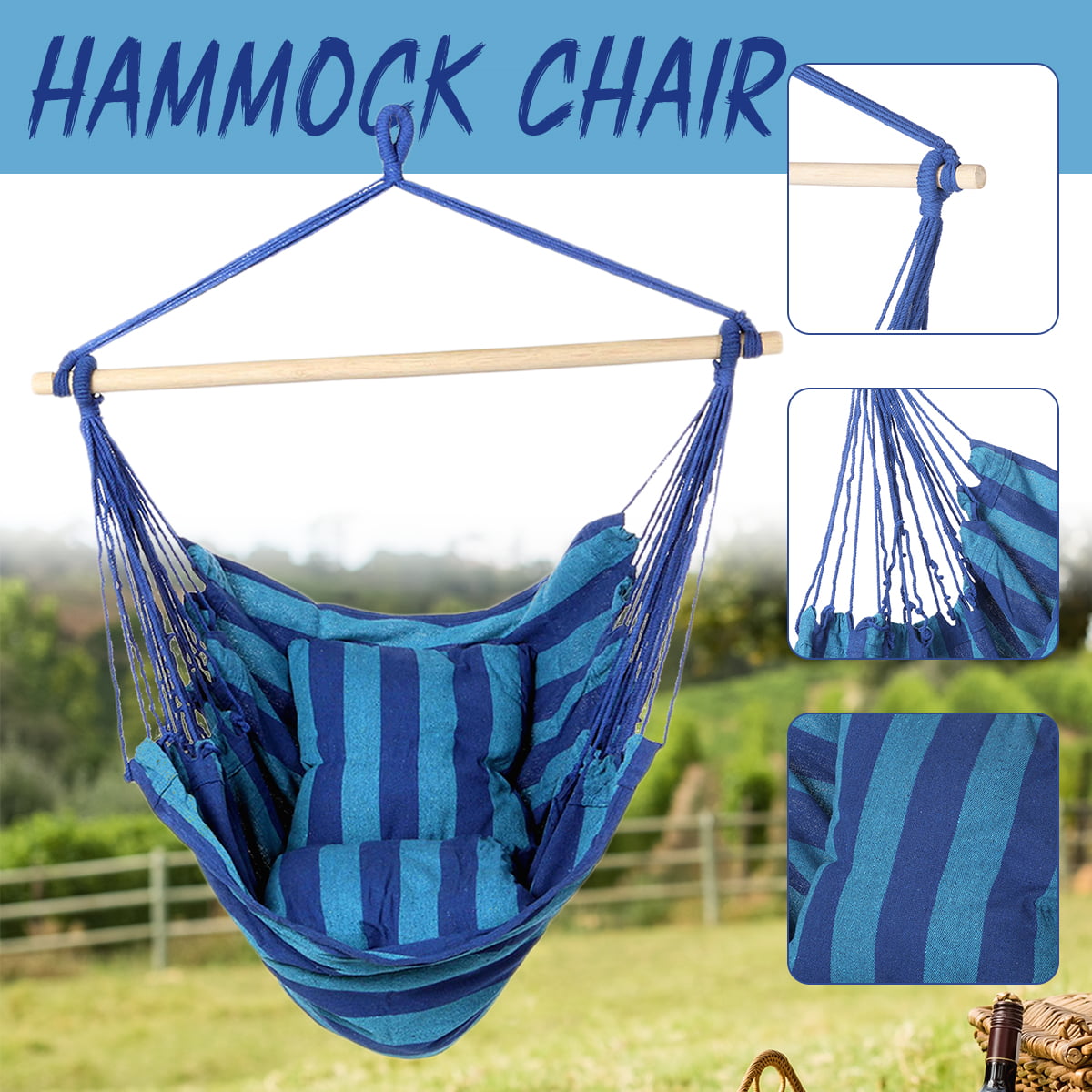 2 Pieces Hammock Hanging Rope Chair Porch Swing Seat Patio Camping Blue Stripe 