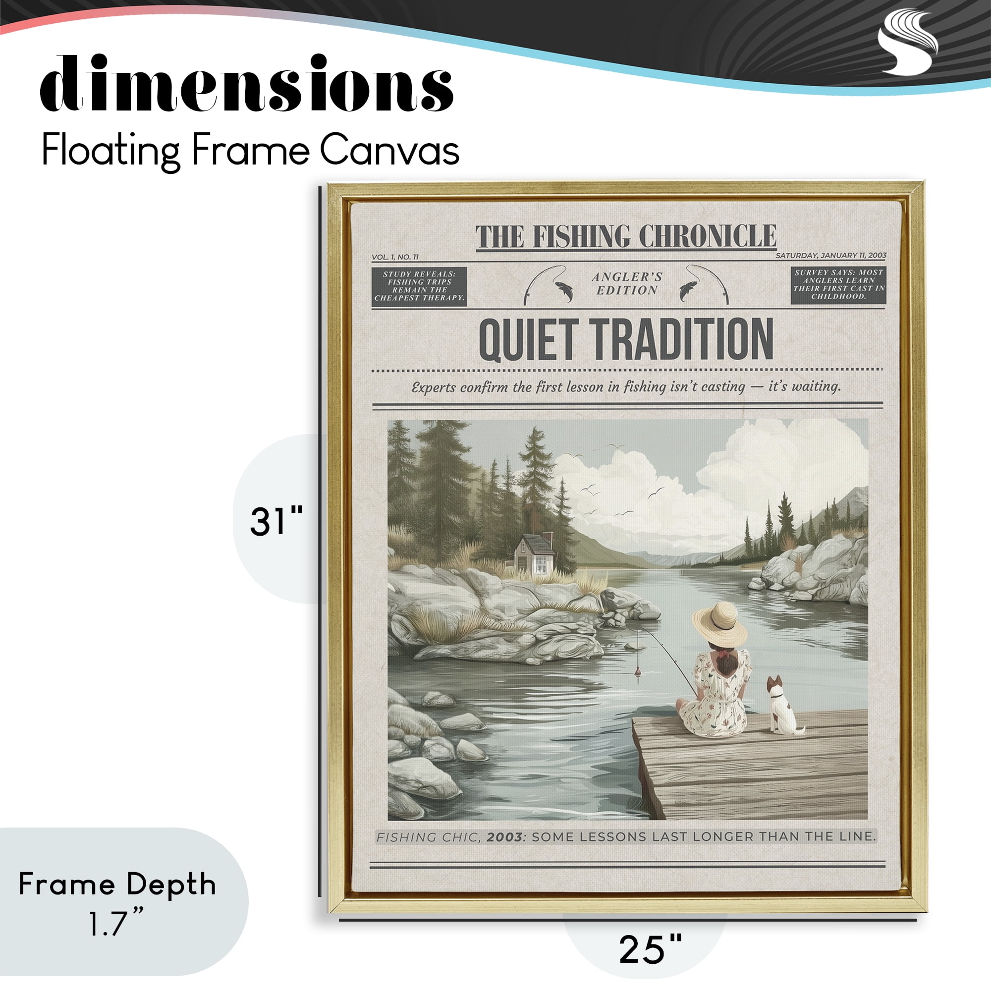 Stupell Industries Fishing Chronicle Magazine Gold Framed Floater Canvas Wall Art, design by A Barefoot Stylist
