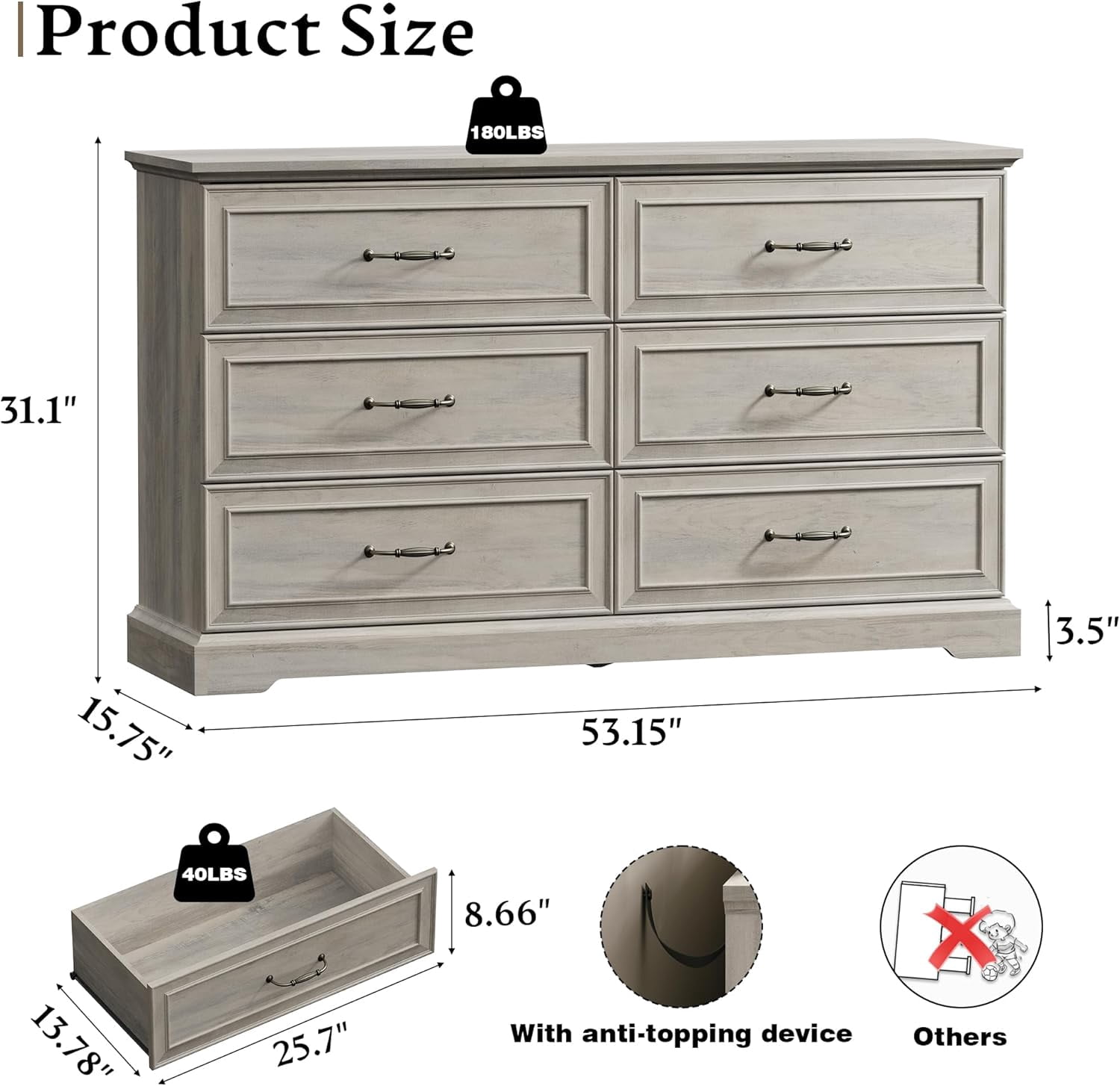 FANRAL 6 Drawers Dresser for Bedroom,Wood Rustic Storage Cabinet Chest of Drawers,Farmhouse Large Drawers with Metal Handles,Light Gray Dresser(Plus)