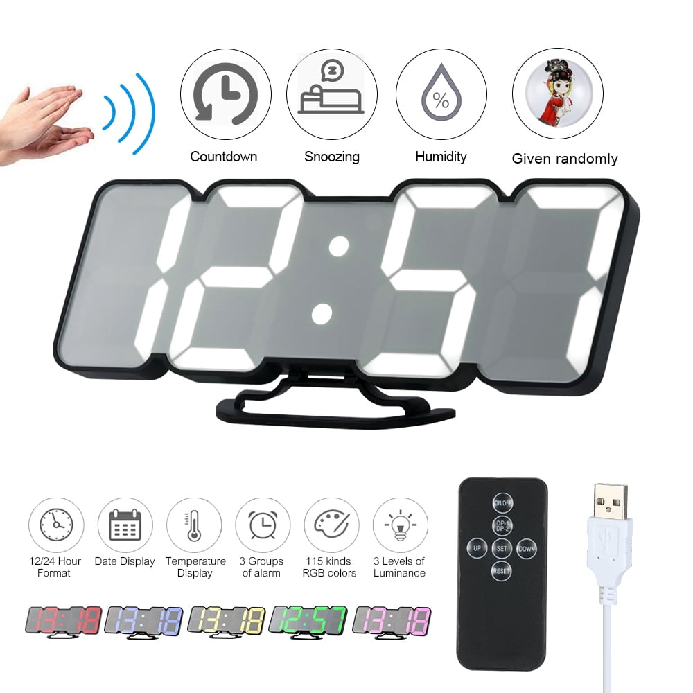 Digital 3D LED Wall Clock Alarm Clock Colorful Display With Remote Control USB 