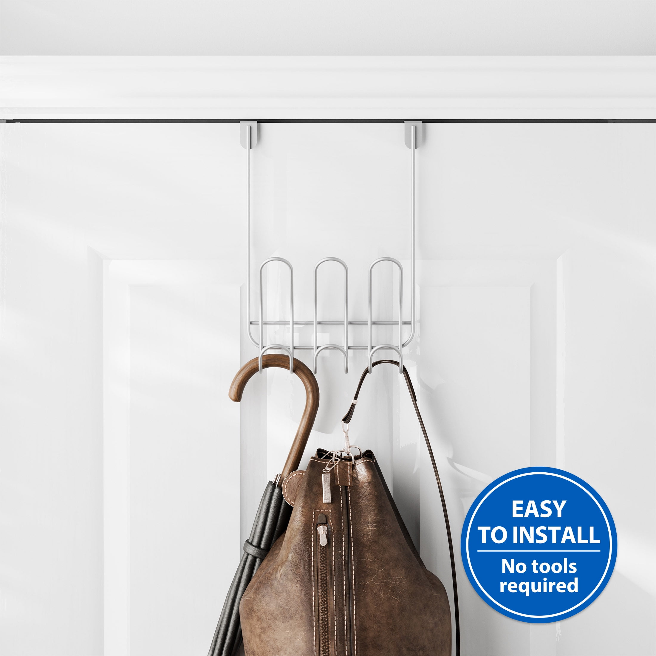 Mainstays Over-the-Door 3-Hook Rack, Satin Nickel, 6 Hooks Total