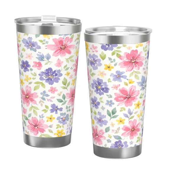 Watercolor Wildflower 20oz Insulated Tumbler with Handle and Straw Car Cup Holder Travel Coffee Cup Gift with Double Silver Rim