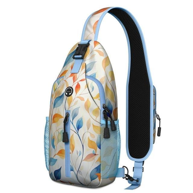 Floral Tropical Sling Backpack with Leaves and Flowers Pattern, Lightweight Durable Crossbody Daypack, Adjustable Strap, Multiple Compartments for Beach, Travel, Daily Use